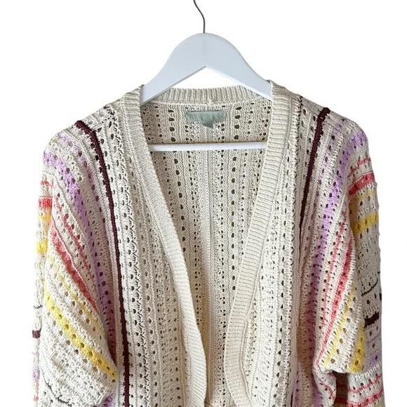 Ryegrass Crochet Open Front Cardigan Colorful Striped Sweater Sz L - Picture 2 of 6